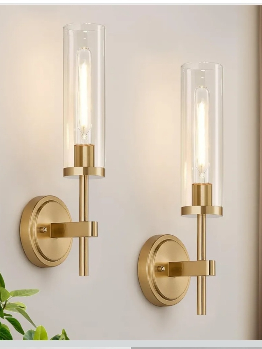 Brushed Gold Wall Sconces Set of 2 Clear Glass Hardwired Vanity Lights